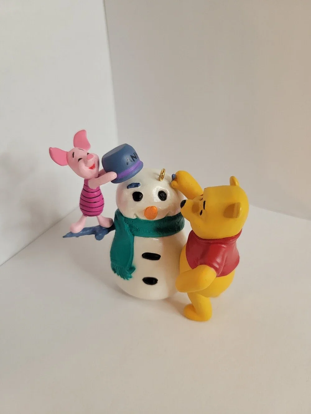 Disney Yellow Winnie the Pooh and Pink Piglet Holiday Ornament with Green Scarf